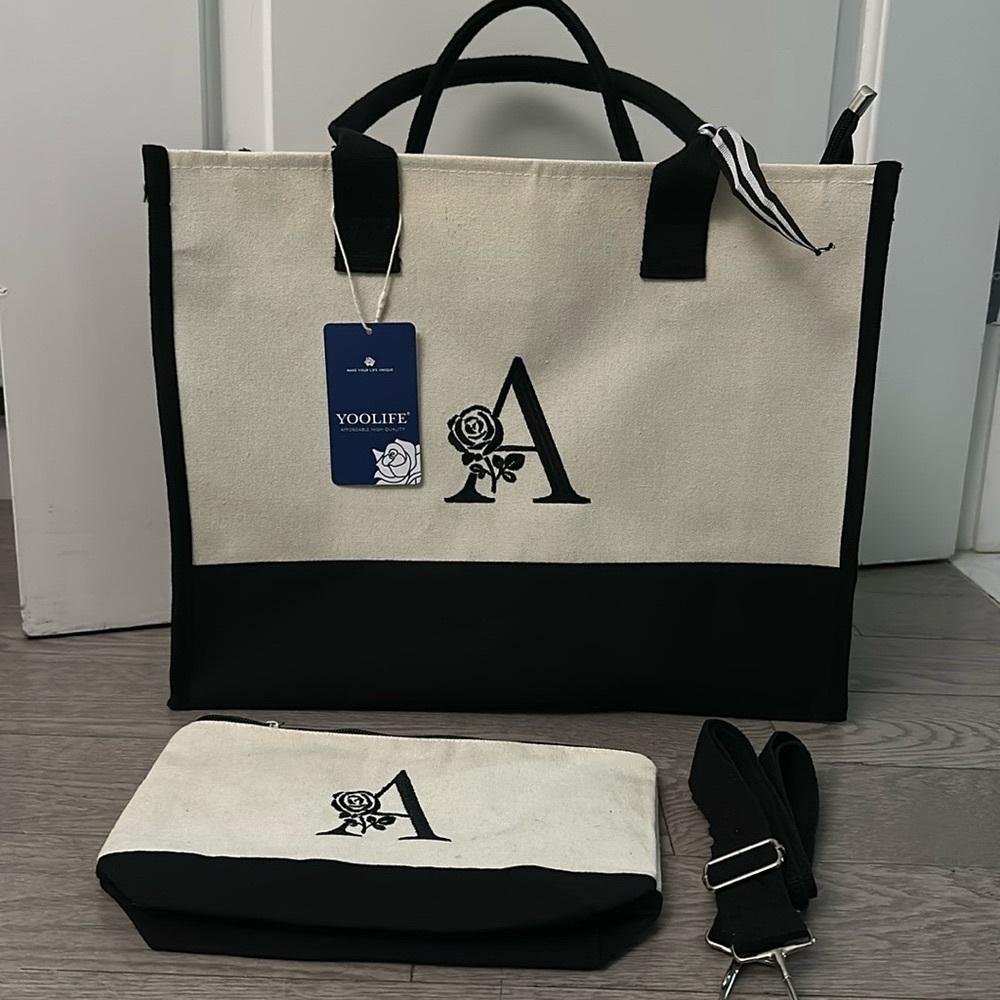 Large Waterproof zip closure Canvas Initial Tote Bag & Pouch - NEW